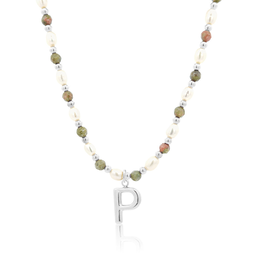 Epidote &amp; Pearl Initial Necklace Silver A-Z