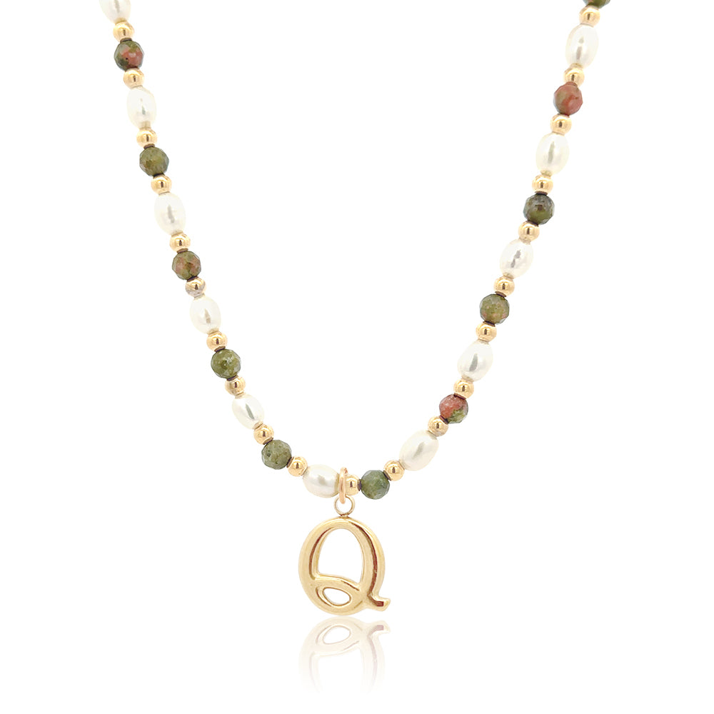 Epidote &amp; Pearl Initial Necklace Gold A-Z