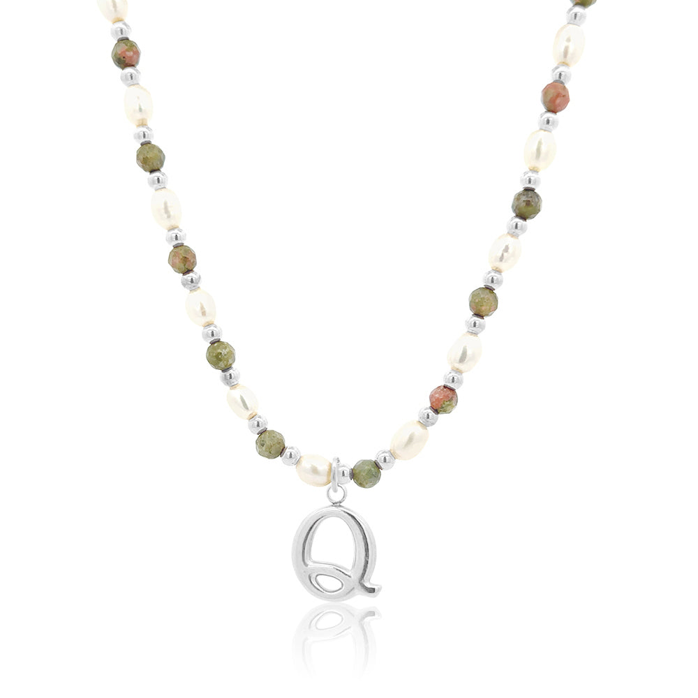 Epidote &amp; Pearl Initial Necklace Silver A-Z