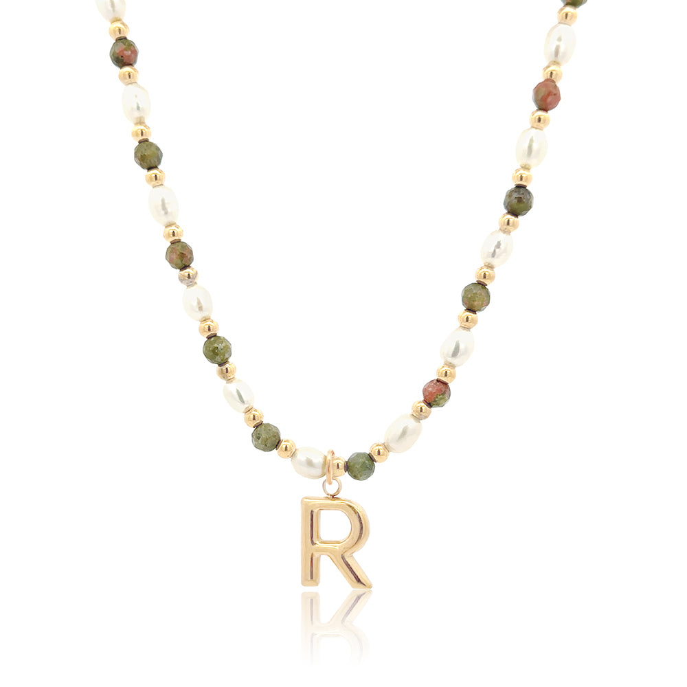 Epidote &amp; Pearl Initial Necklace Gold A-Z