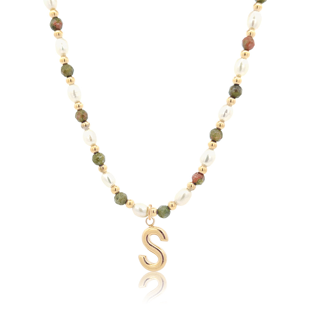 Epidote &amp; Pearl Initial Necklace Gold A-Z