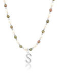 Epidote & Pearl Initial Necklace Silver A-Z