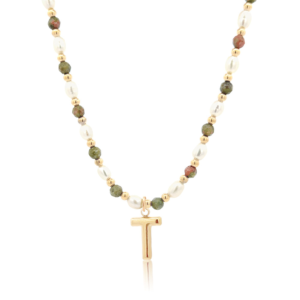 Epidote &amp; Pearl Initial Necklace Gold A-Z