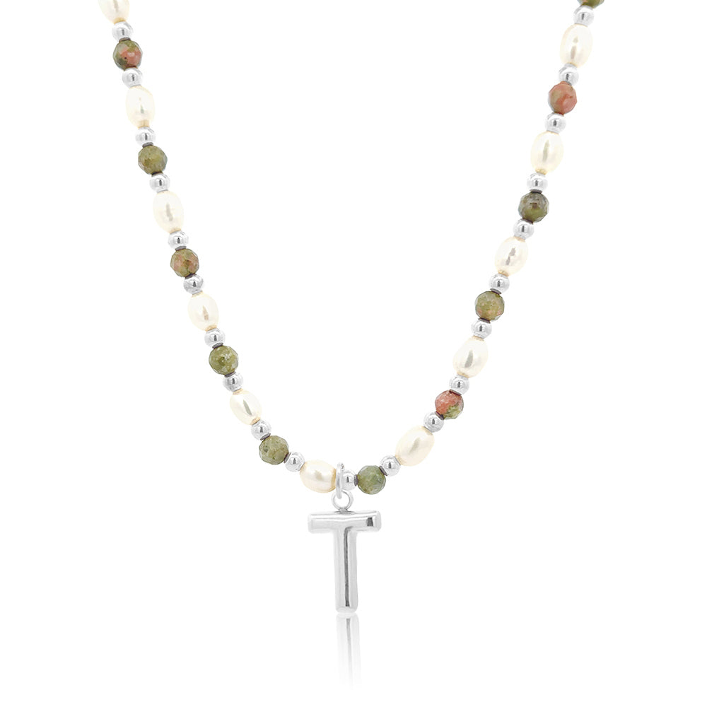 Epidote &amp; Pearl Initial Necklace Silver A-Z