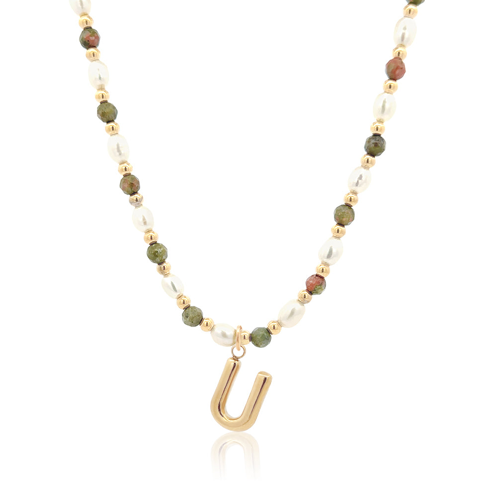 Epidote &amp; Pearl Initial Necklace Gold A-Z