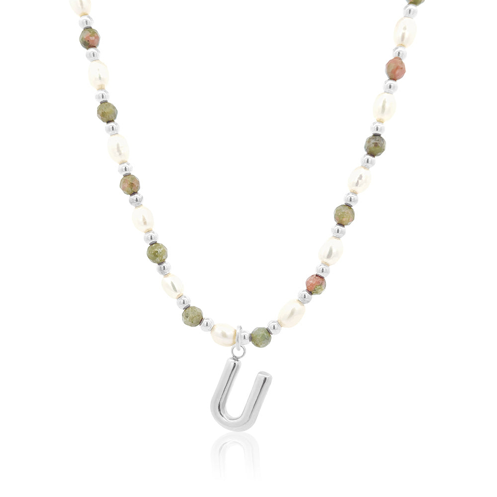 Epidote &amp; Pearl Initial Necklace Silver A-Z