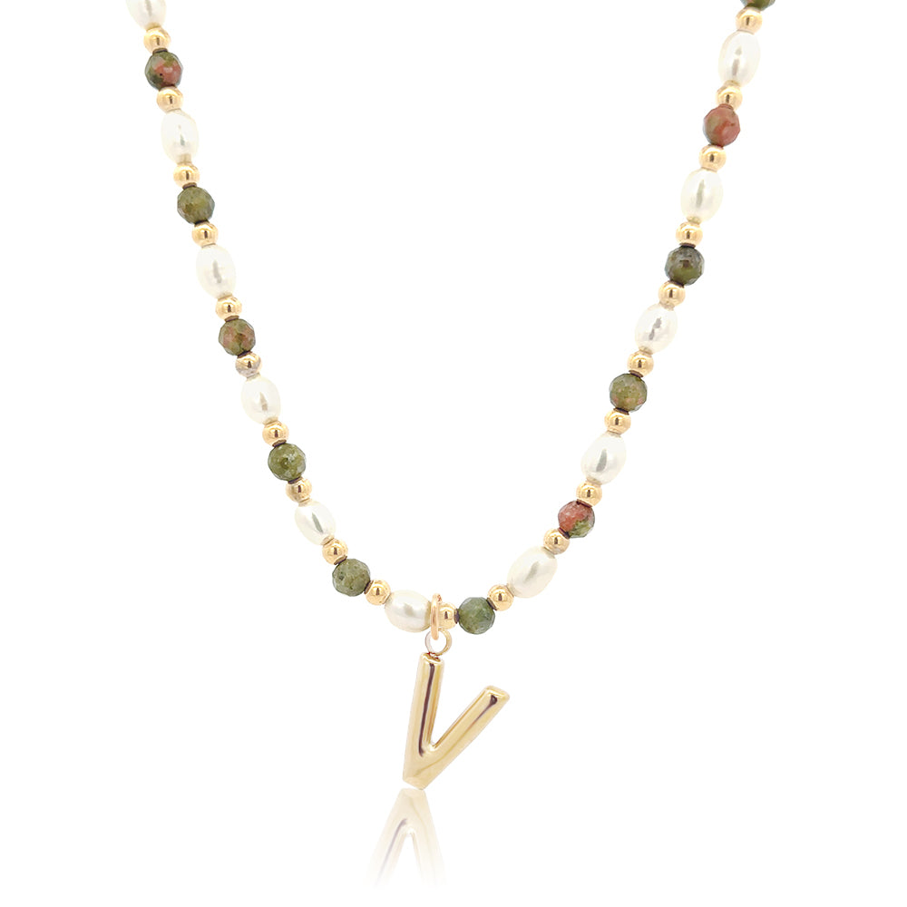 Epidote &amp; Pearl Initial Necklace Gold A-Z