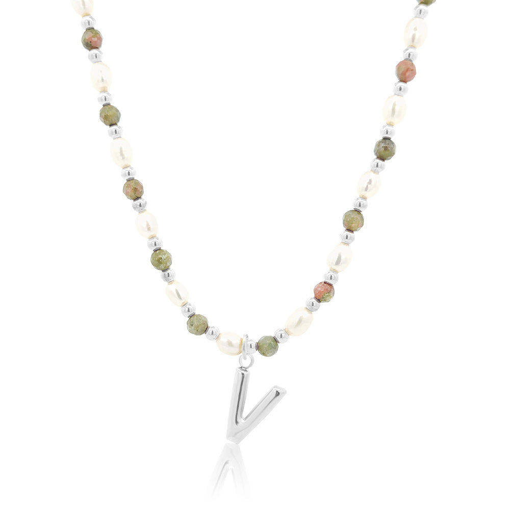 Epidote &amp; Pearl Initial Necklace Silver A-Z