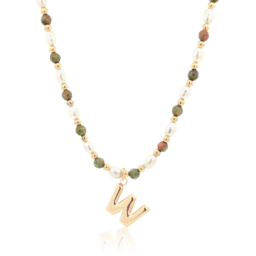 Epidote &amp; Pearl Initial Necklace Gold A-Z