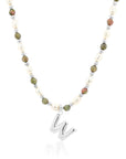 Epidote & Pearl Initial Necklace Silver A-Z