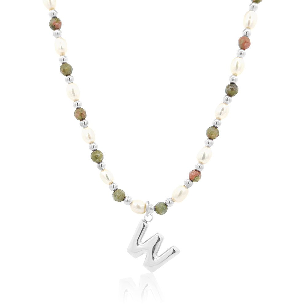 Epidote &amp; Pearl Initial Necklace Silver A-Z