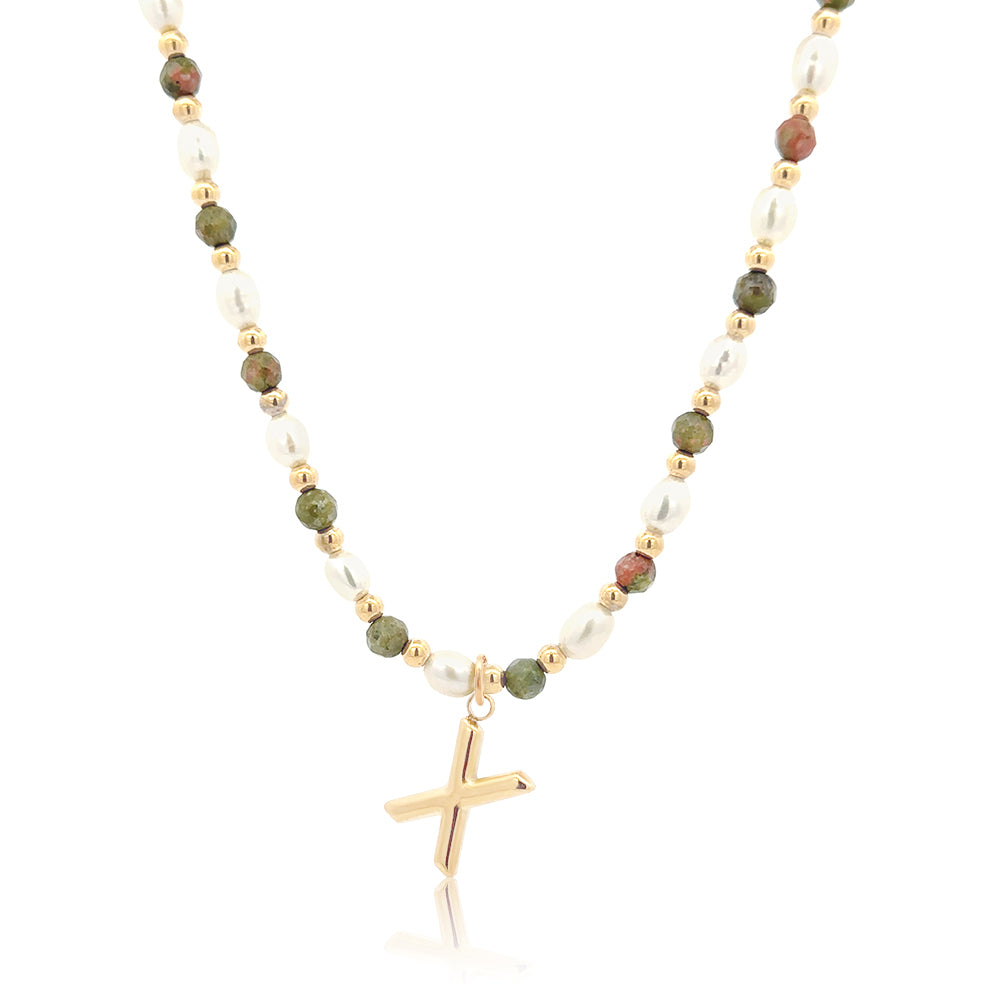 Epidote &amp; Pearl Initial Necklace Gold A-Z