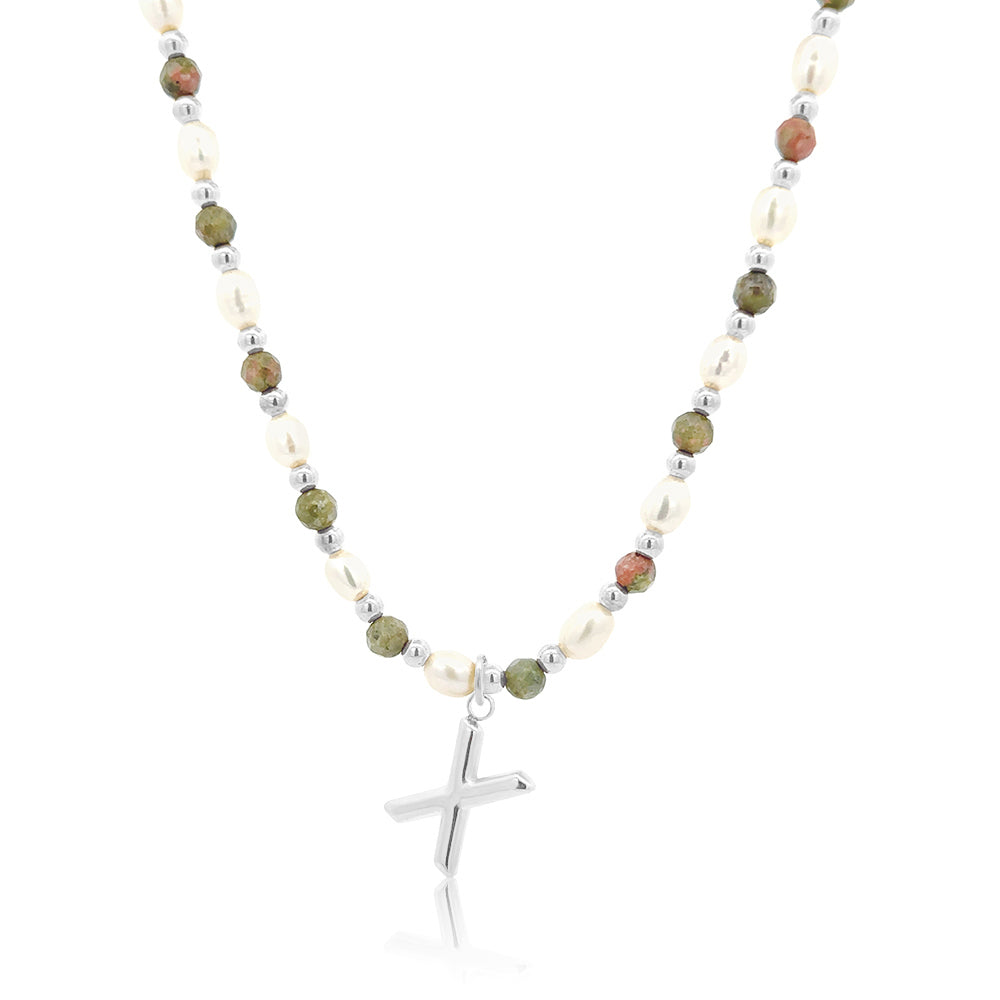 Epidote &amp; Pearl Initial Necklace Silver A-Z