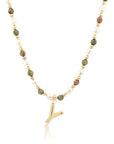 Epidote & Pearl Initial Necklace Gold A-Z