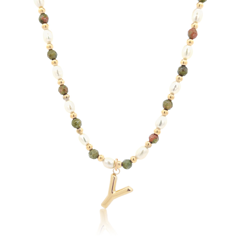 Epidote &amp; Pearl Initial Necklace Gold A-Z