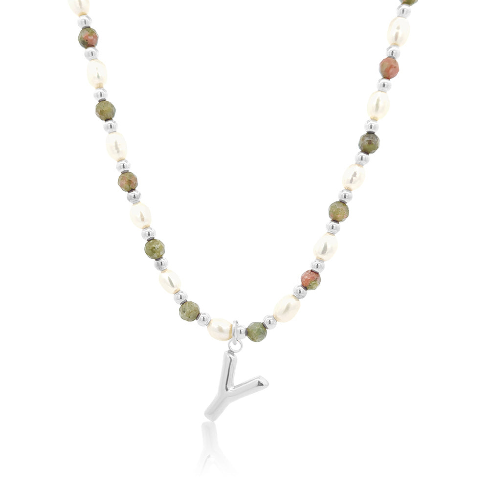 Epidote &amp; Pearl Initial Necklace Silver A-Z