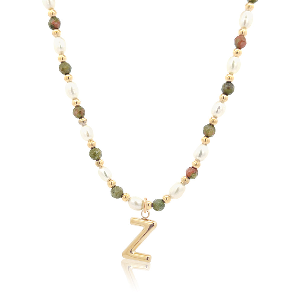 Epidote &amp; Pearl Initial Necklace Gold A-Z