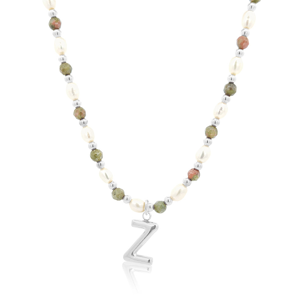 Epidote &amp; Pearl Initial Necklace Silver A-Z