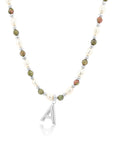 Epidote & Pearl Initial Necklace Silver A-Z