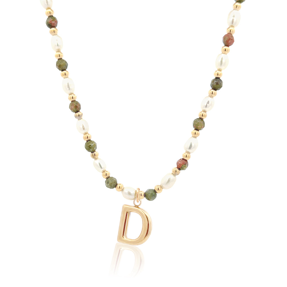 Epidote &amp; Pearl Initial Necklace Gold A-Z