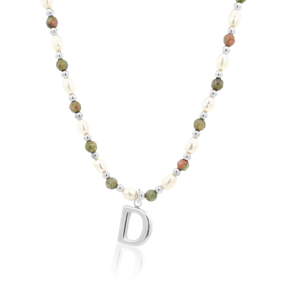 Epidote &amp; Pearl Initial Necklace Silver A-Z