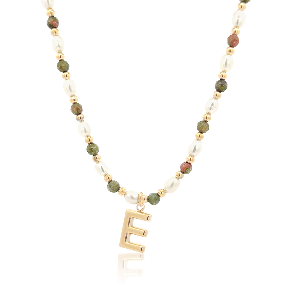 Epidote &amp; Pearl Initial Necklace Gold A-Z