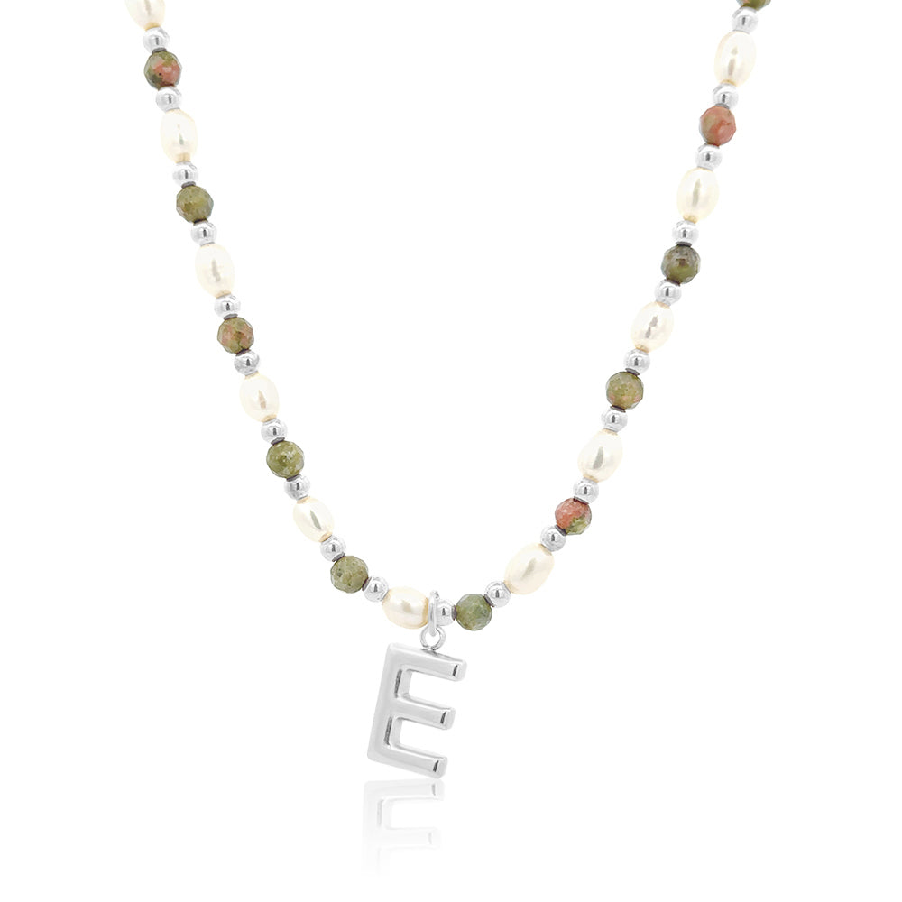 Epidote &amp; Pearl Initial Necklace Silver A-Z