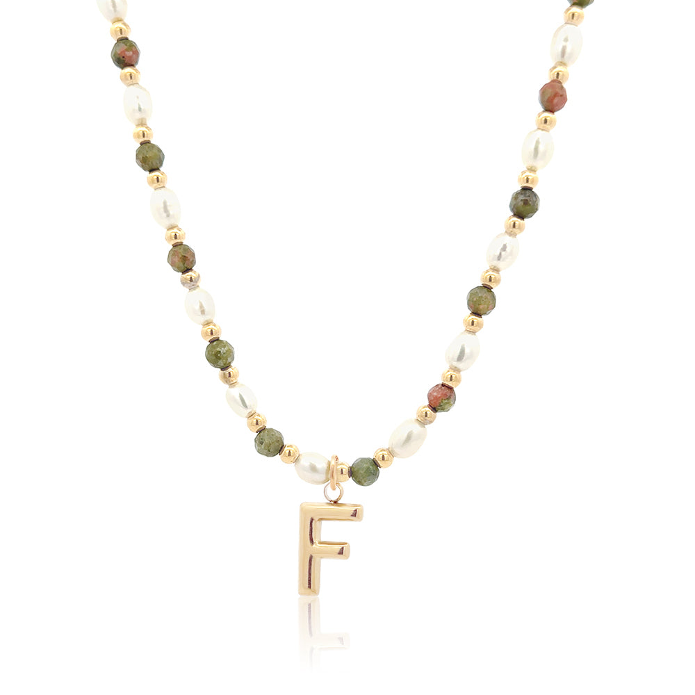 Epidote &amp; Pearl Initial Necklace Gold A-Z