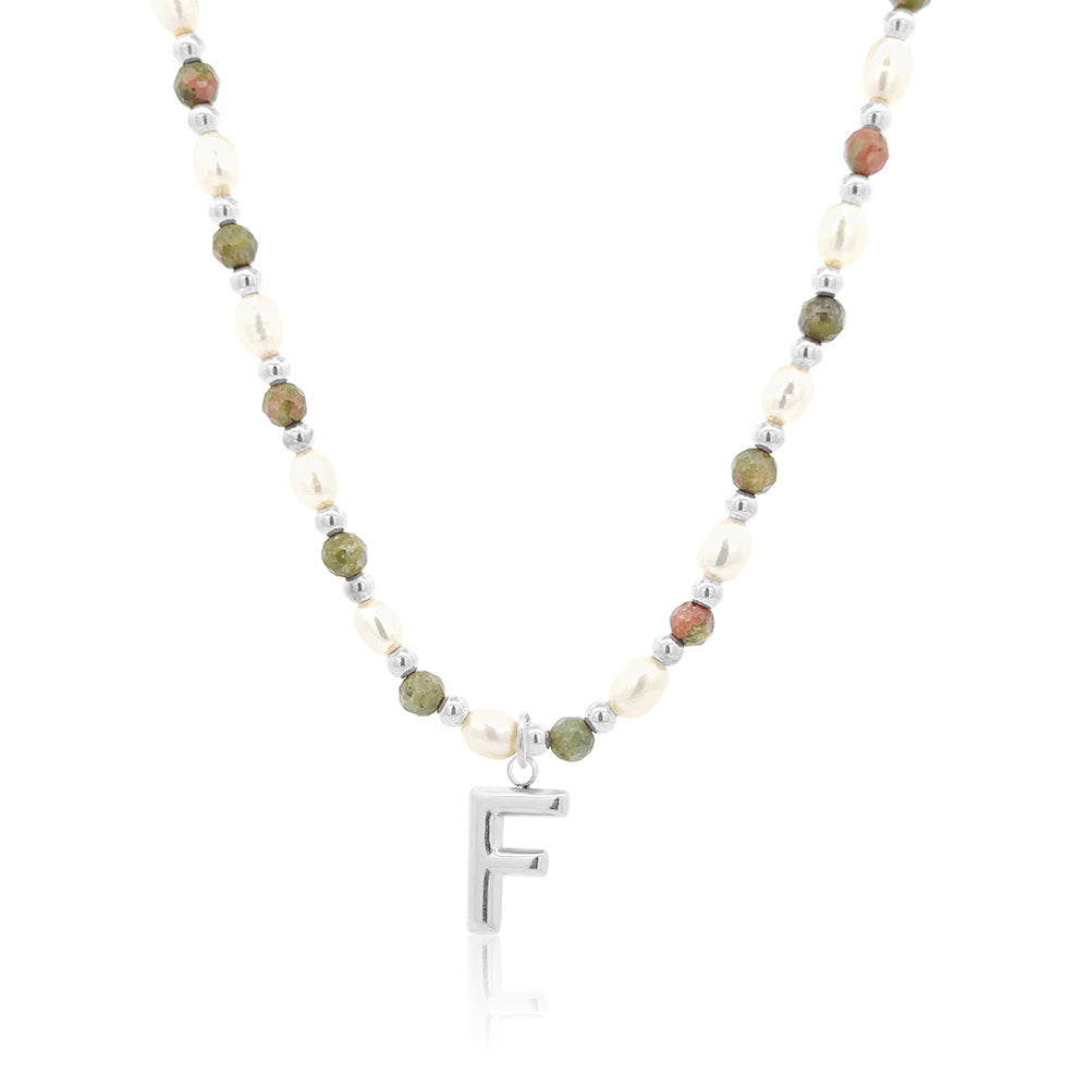 Epidote &amp; Pearl Initial Necklace Silver A-Z