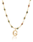 Epidote & Pearl Initial Necklace Gold A-Z
