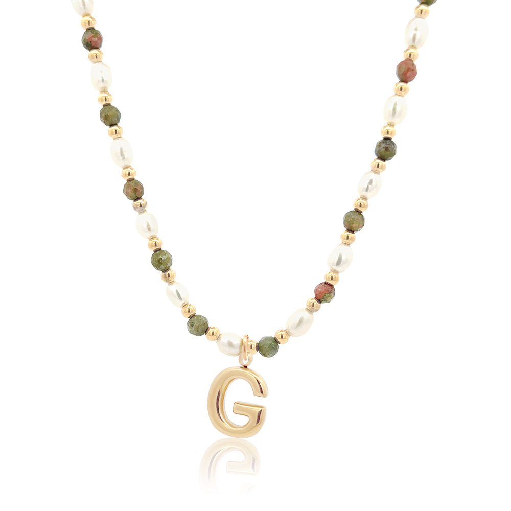 Epidote &amp; Pearl Initial Necklace Gold A-Z