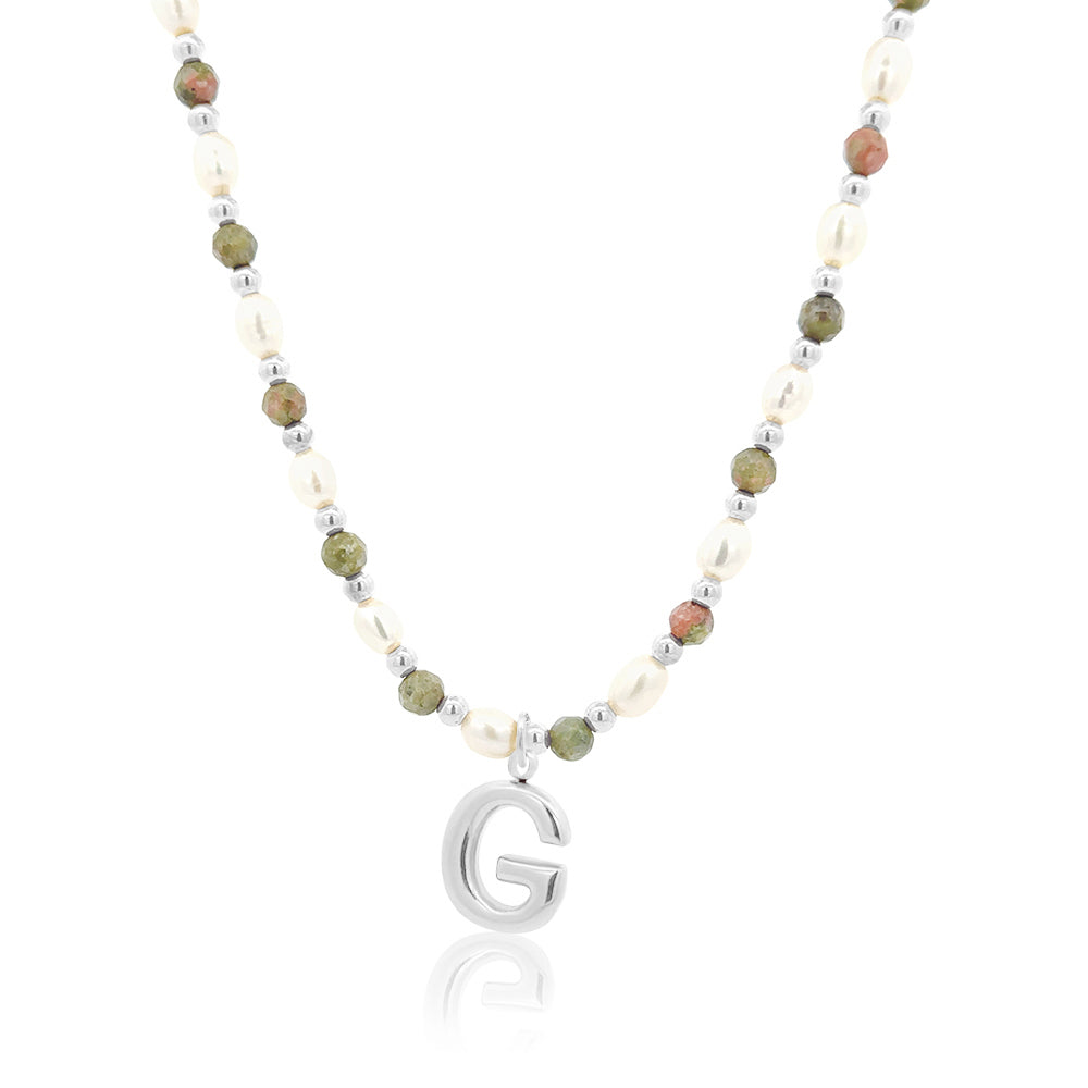 Epidote &amp; Pearl Initial Necklace Silver A-Z