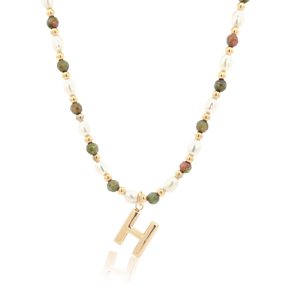Epidote &amp; Pearl Initial Necklace Gold A-Z