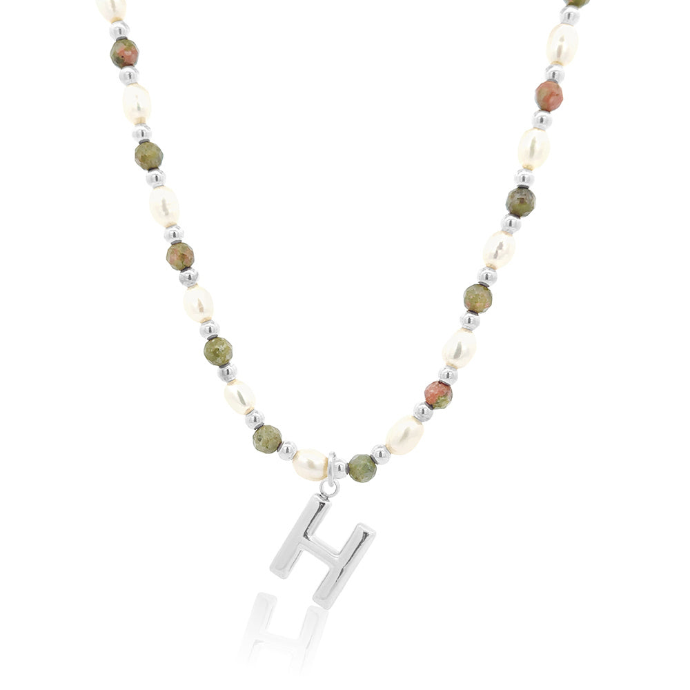 Epidote &amp; Pearl Initial Necklace Silver A-Z
