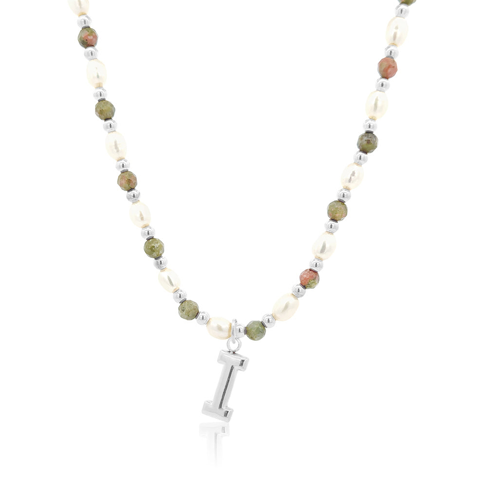 Epidote &amp; Pearl Initial Necklace Silver A-Z
