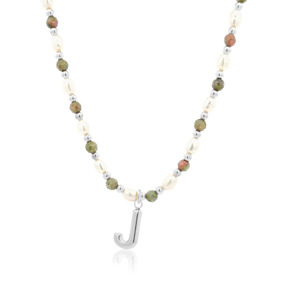 Epidote &amp; Pearl Initial Necklace Silver A-Z