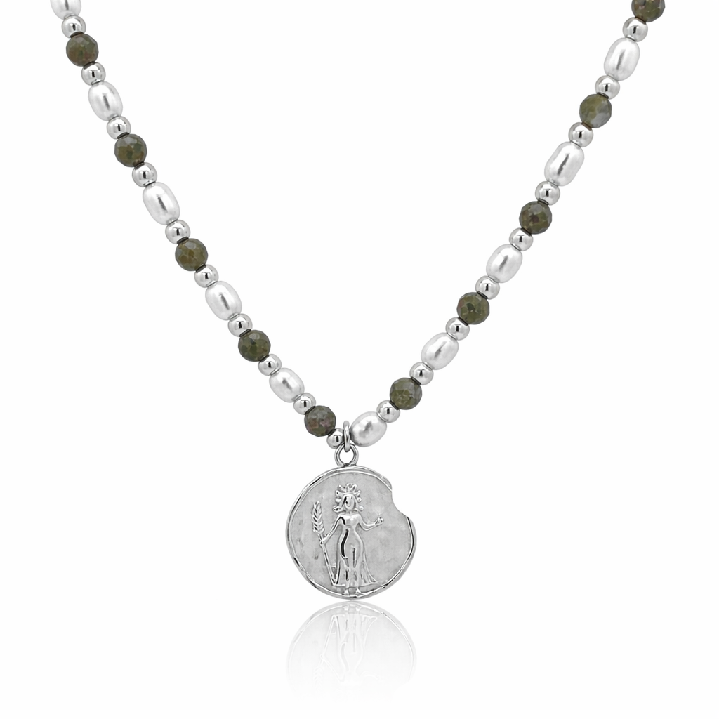 Epidote &amp; Pearl Zodiac Coin Necklace Silver