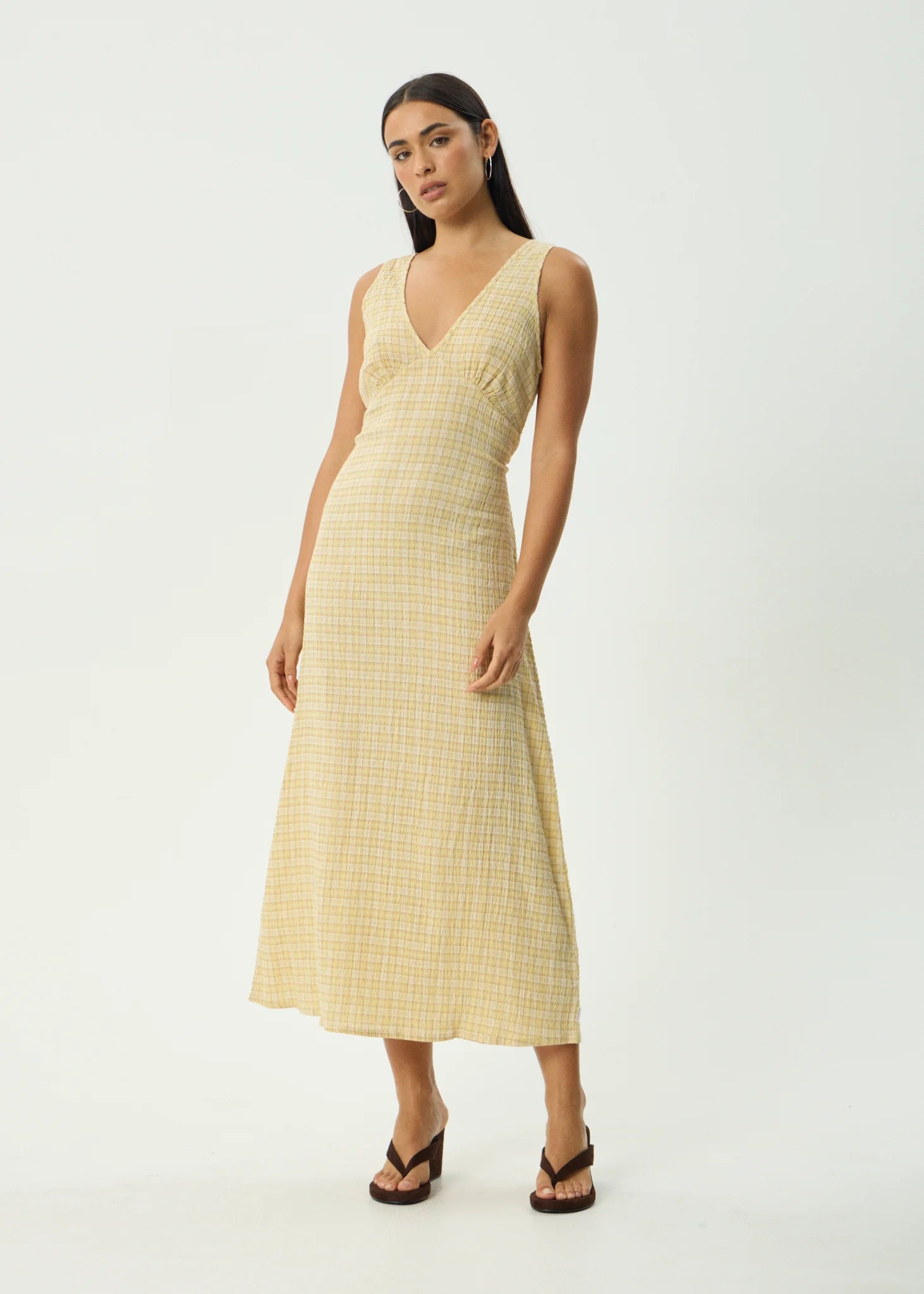 knee length dresses for ladies Afends Sunday Seersucker Maxi Dress Lemon Check – By Barny