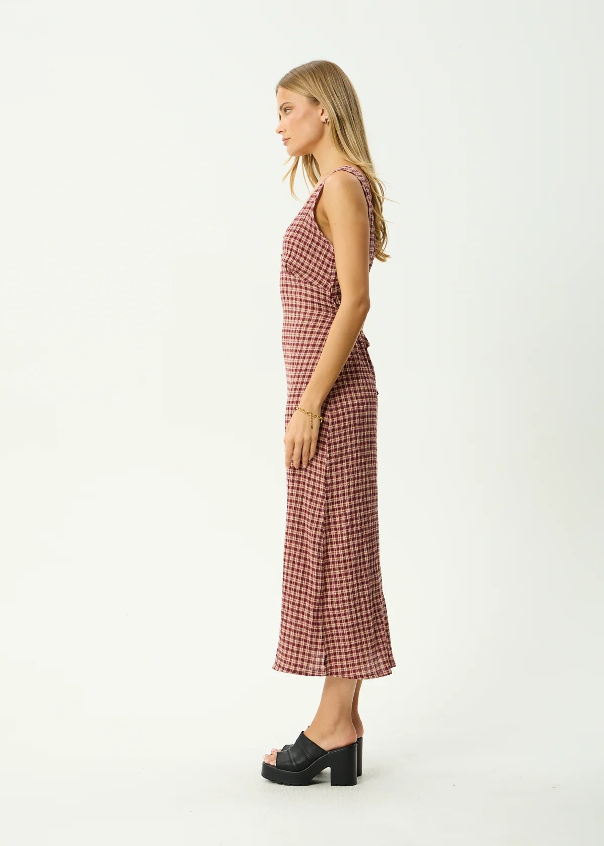 Capricorn Tully Seersucker Maxi Dress Burgundy / Beige Check