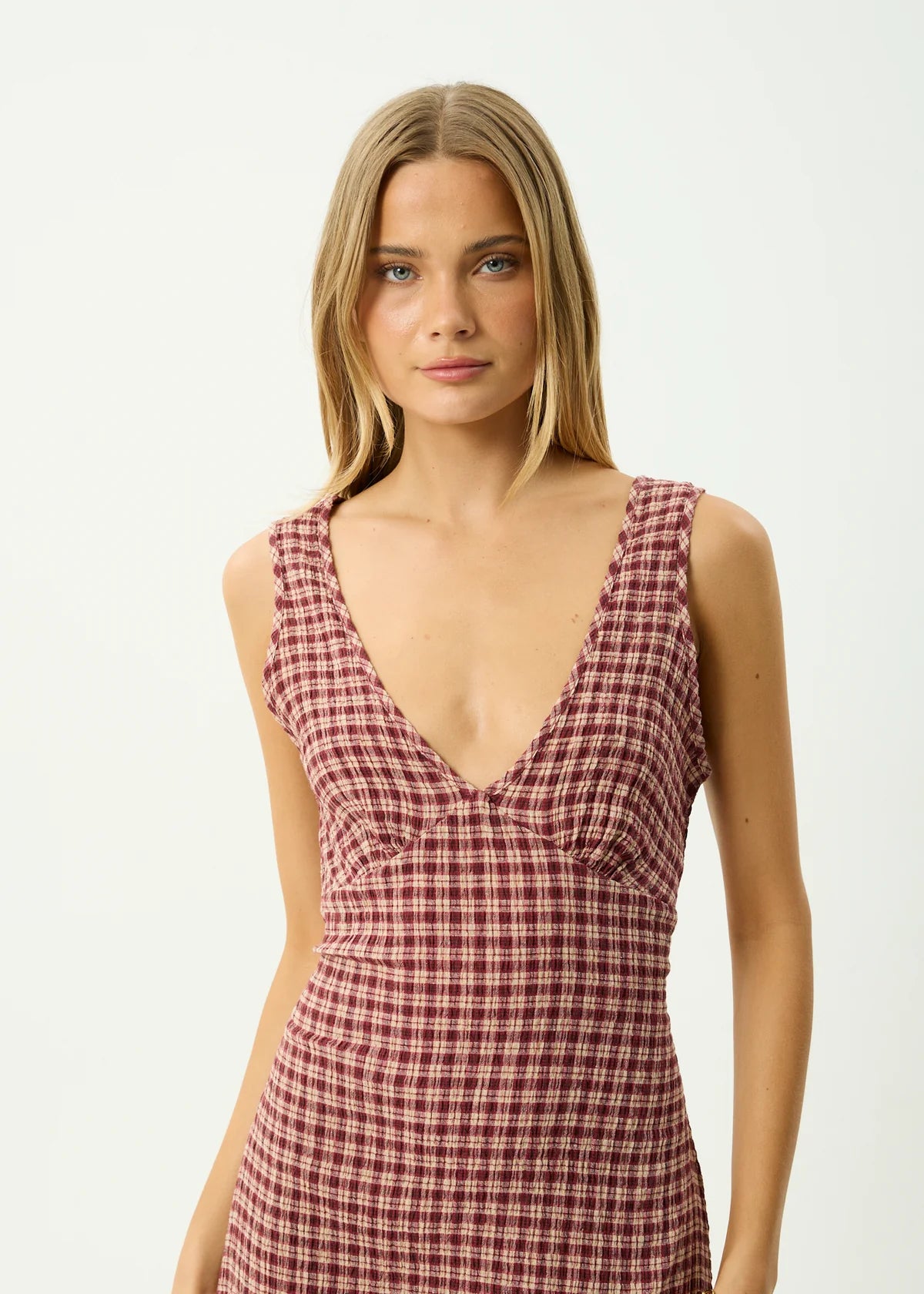 Capricorn Tully Seersucker Maxi Dress Burgundy / Beige Check