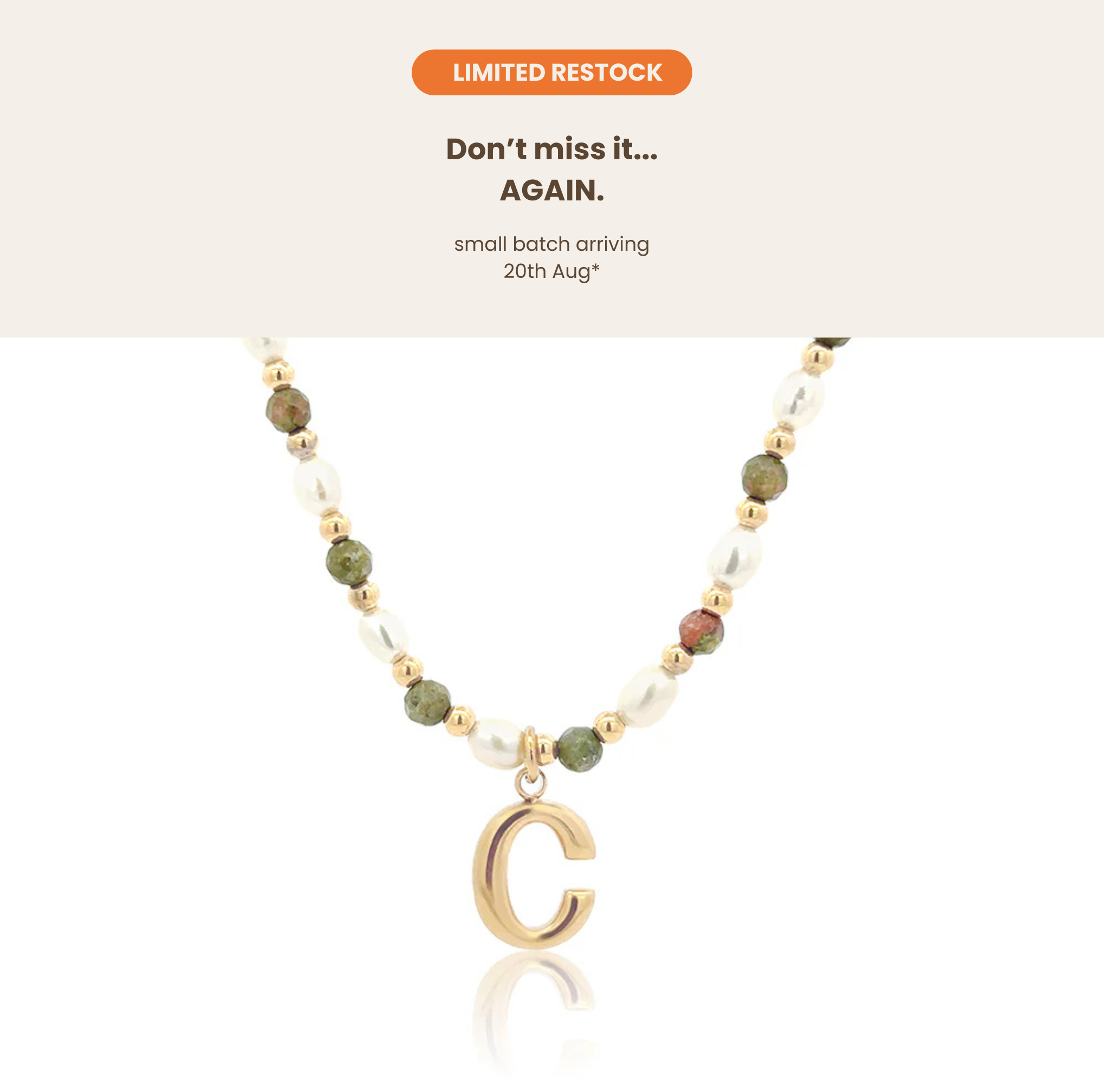 Epidote & Pearl Initial Necklace Gold