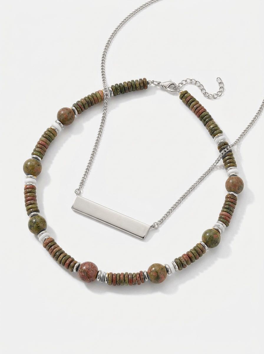 Terra Stone &amp; Bar Necklace Stack Silver