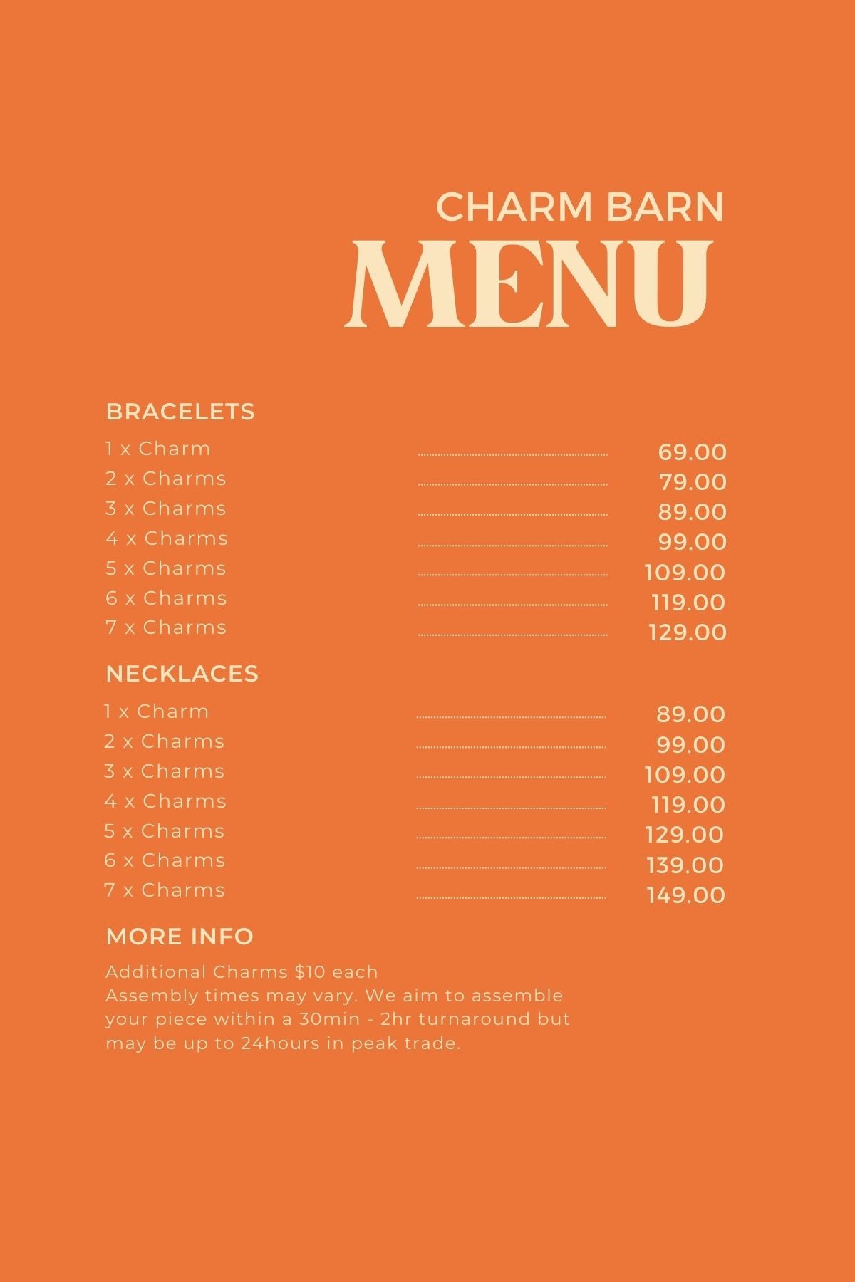 Charm Jewellery Barn menu