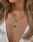 Epidote & Pearl 2 Initial Necklace Gold