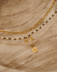 Epidote & Pearl 2 Initial Necklace Gold