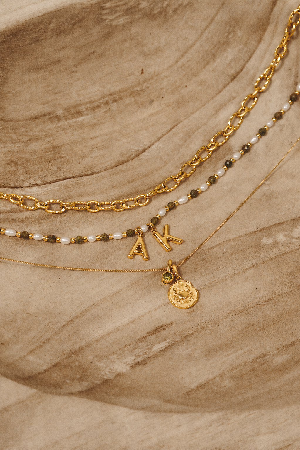 Epidote &amp; Pearl 2 Initial Necklace Gold