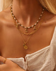 Epidote & Pearl 3 Initial Necklace Gold