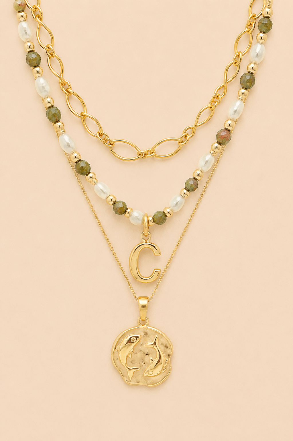 The Epidote Initial &amp; Zodiac Stack Gold