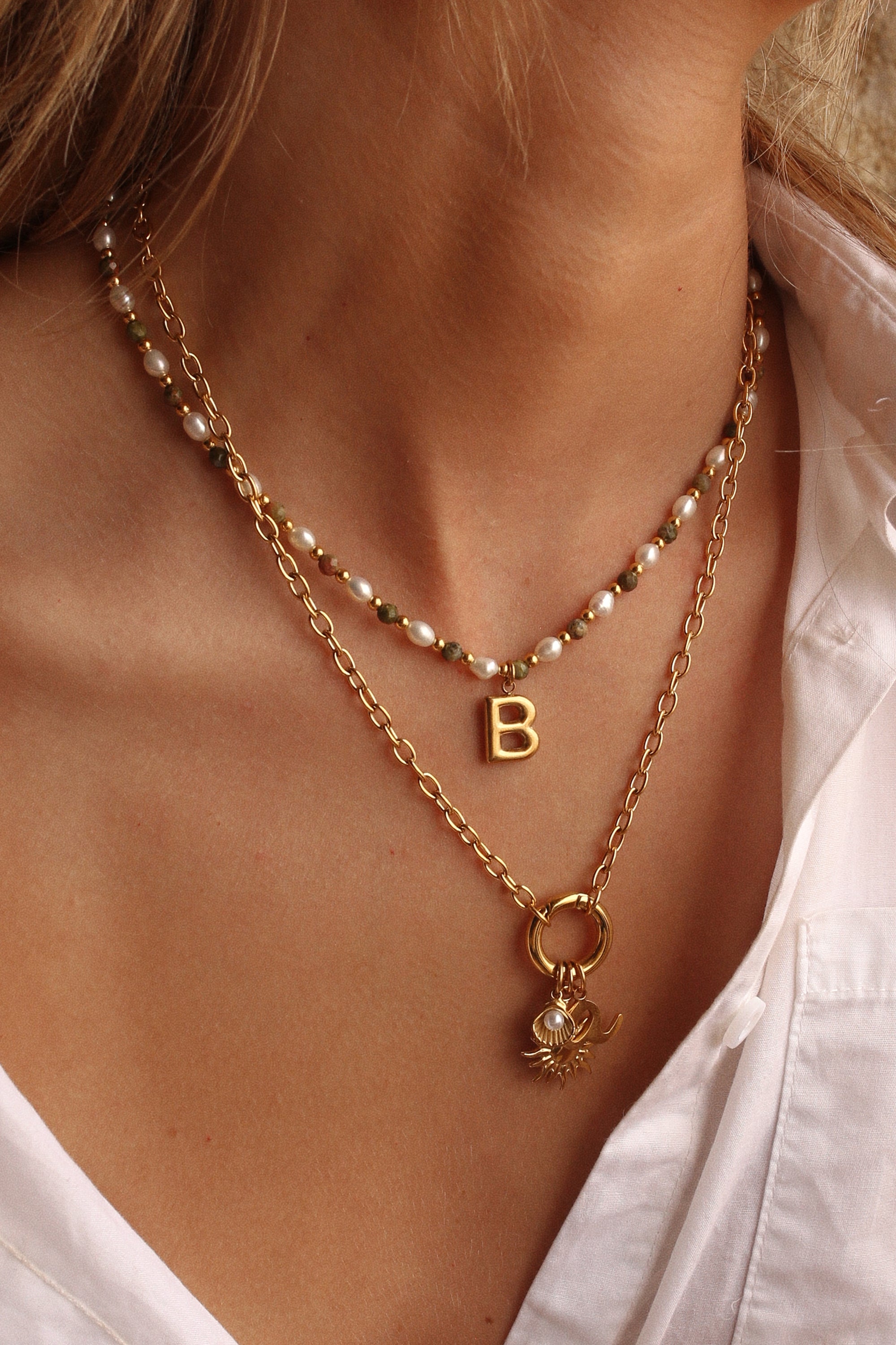 Epidote &amp; Pearl Initial Necklace Gold A-Z