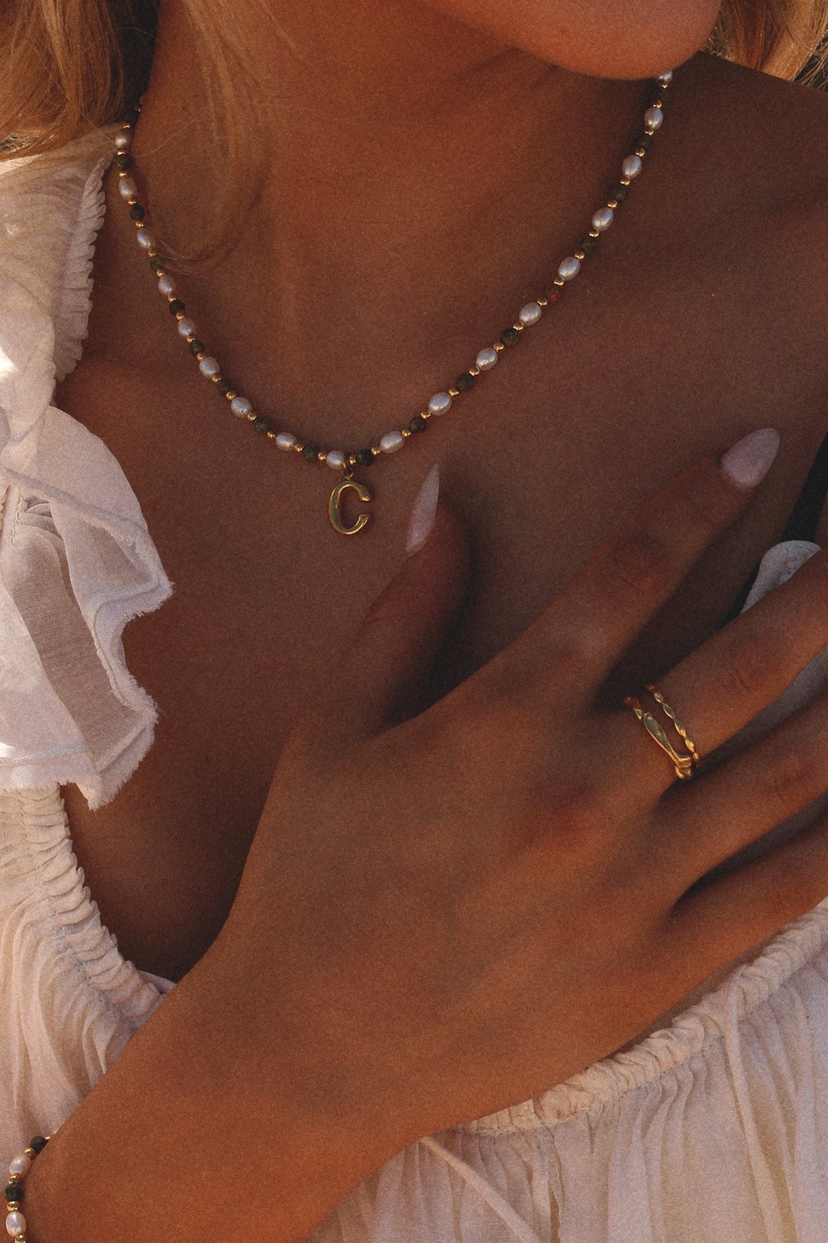 Epidote & Pearl Initial Necklace Gold